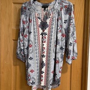 Light Gray Floral-Stripe Smocked Neck Blouse with Red & Navy Accents